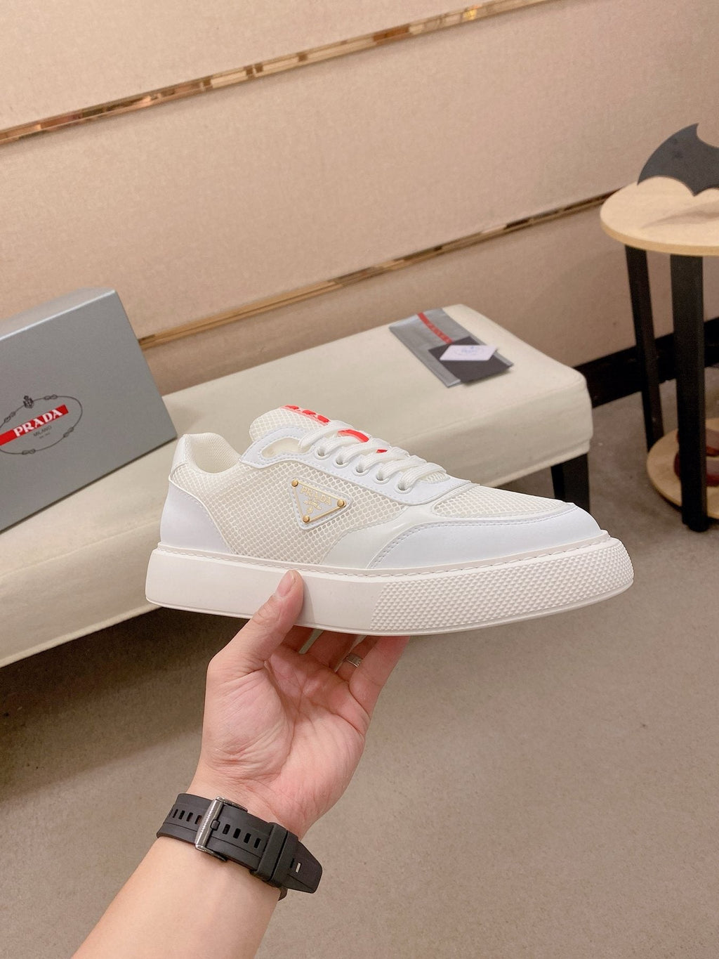 Prada White Red Accent Low-Top Sneakers — side
