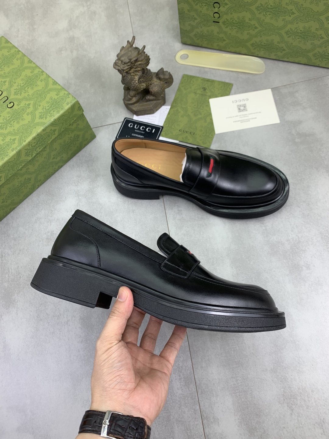 Gucci Black Loafers with Red and Green Accent — side