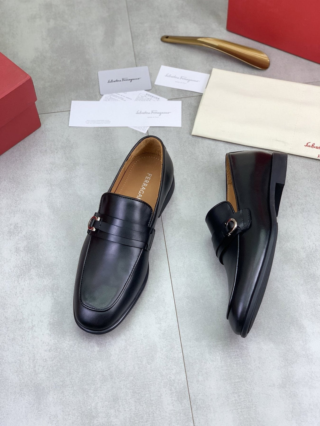 Salvatore Ferragamo Navy Blue Metal-Bit Loafers — side