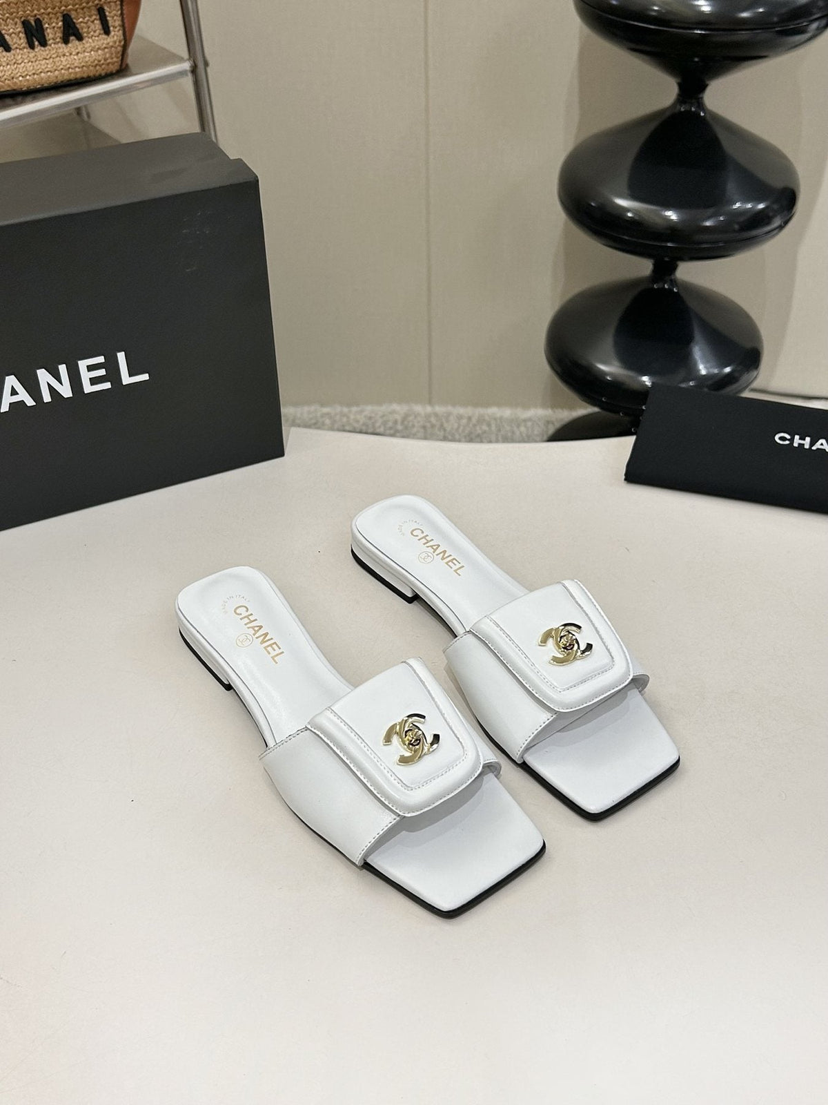 Chanel Square-Toe Leather Slide Sandals — front