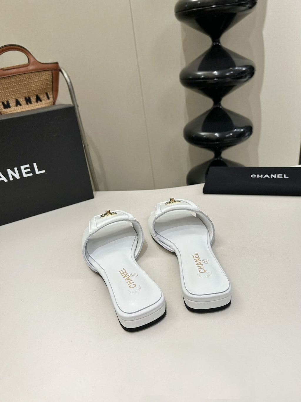 Chanel Square-Toe Leather Slide Sandals — back