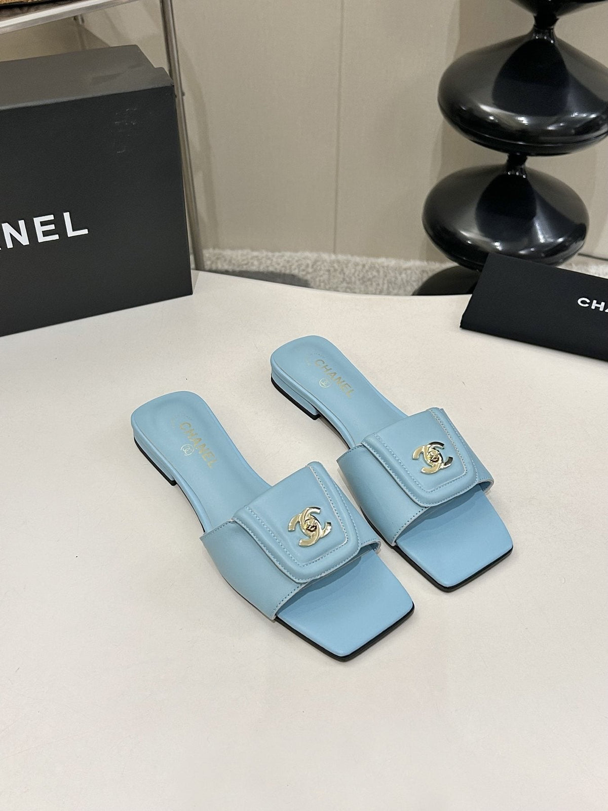 Chanel Square-Toe Leather Slide Sandals — front