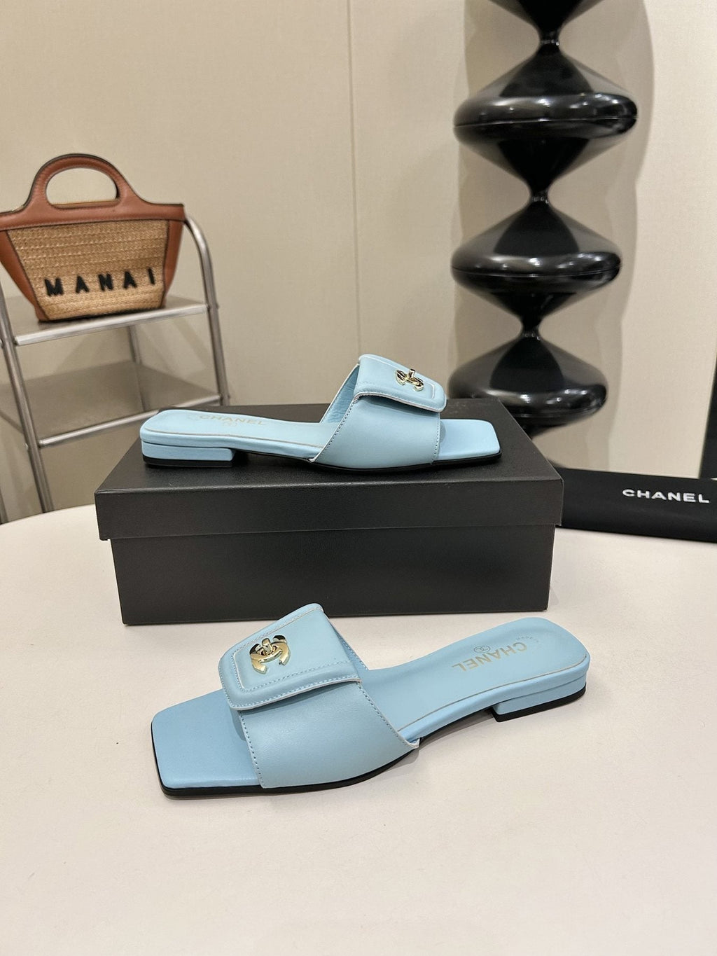 Chanel Square-Toe Leather Slide Sandals — side