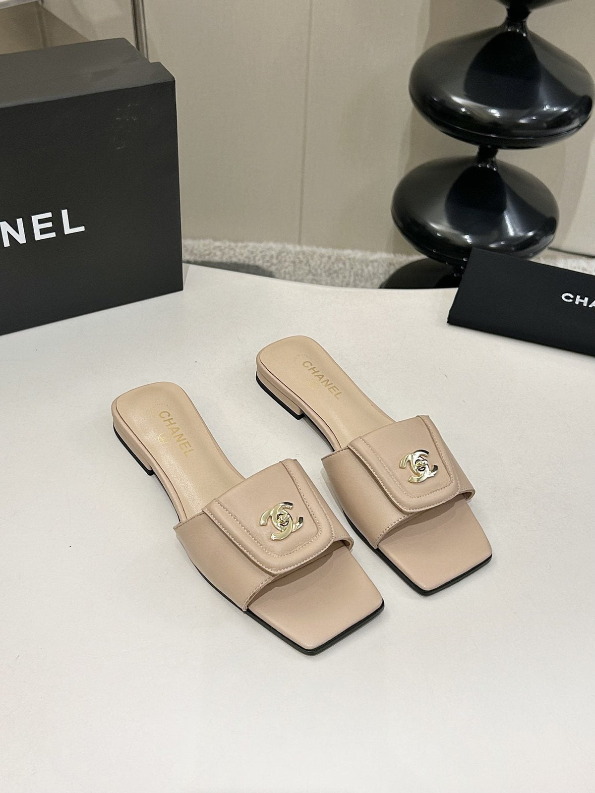 Chanel Square-Toe Leather Slide Sandals — front