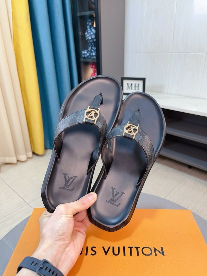 Louis Vuitton Dark Brown Check Thong Sandals — model