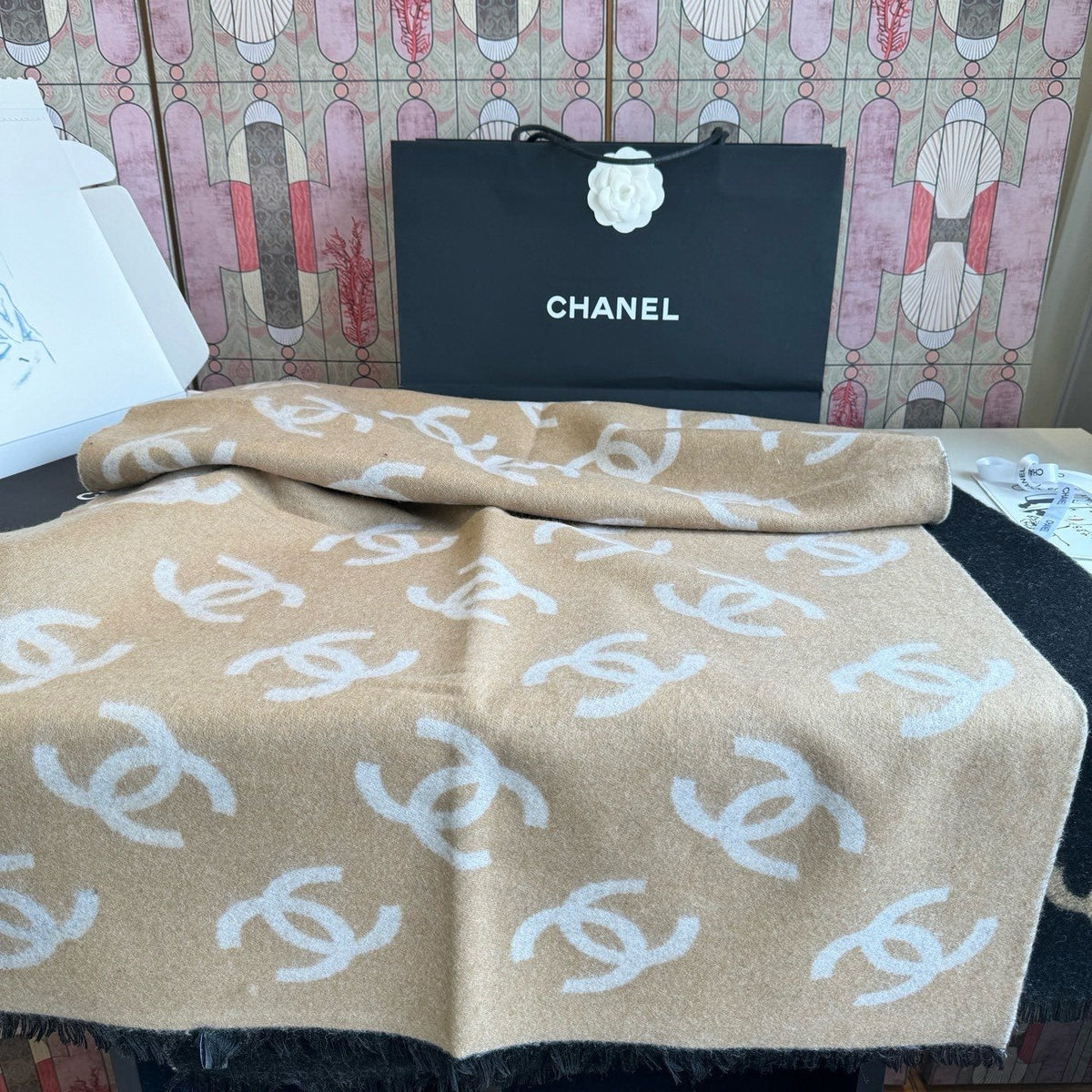 Chanel Reversible Logo Motif Scarf Shawl — front