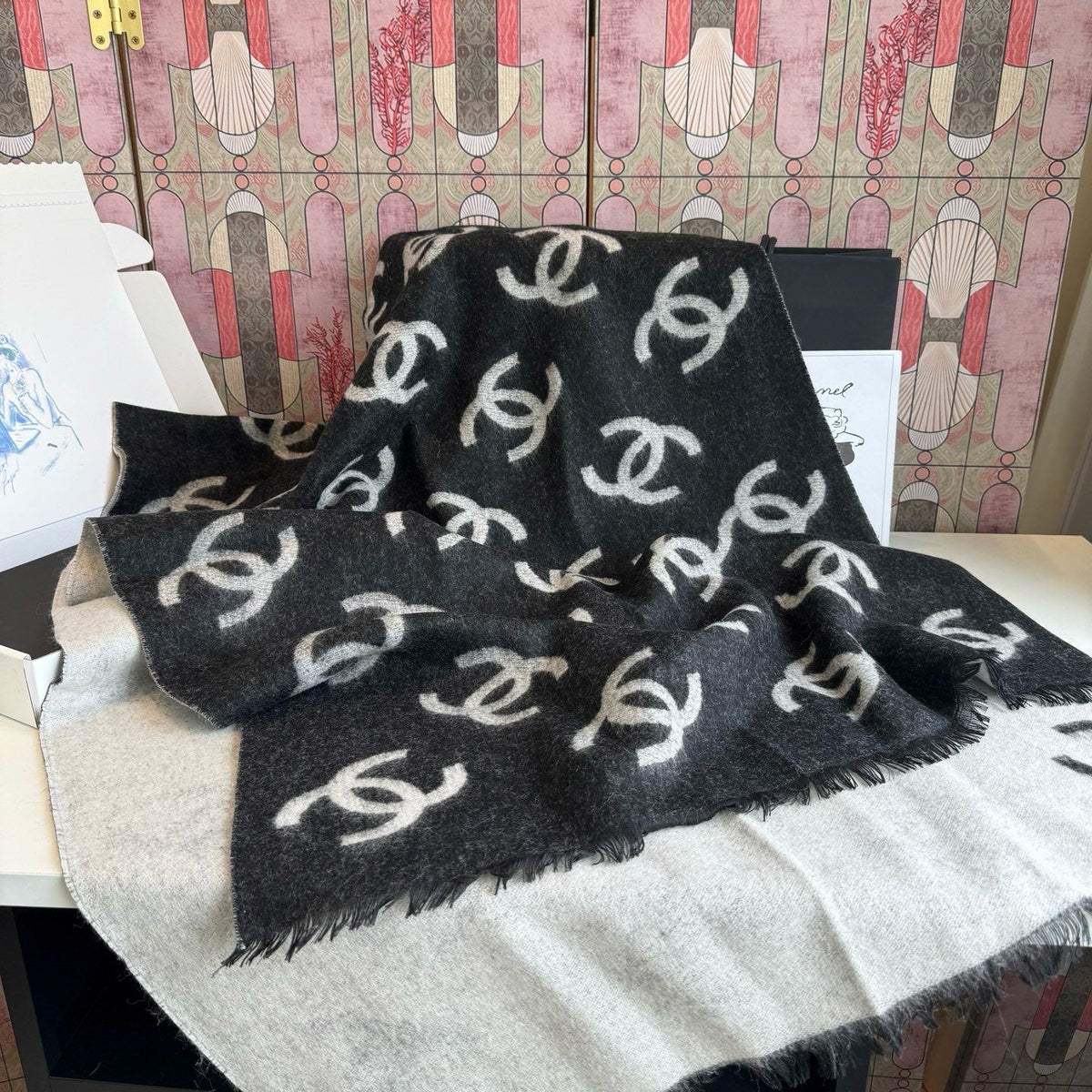 Chanel Reversible Logo Motif Scarf Shawl — front