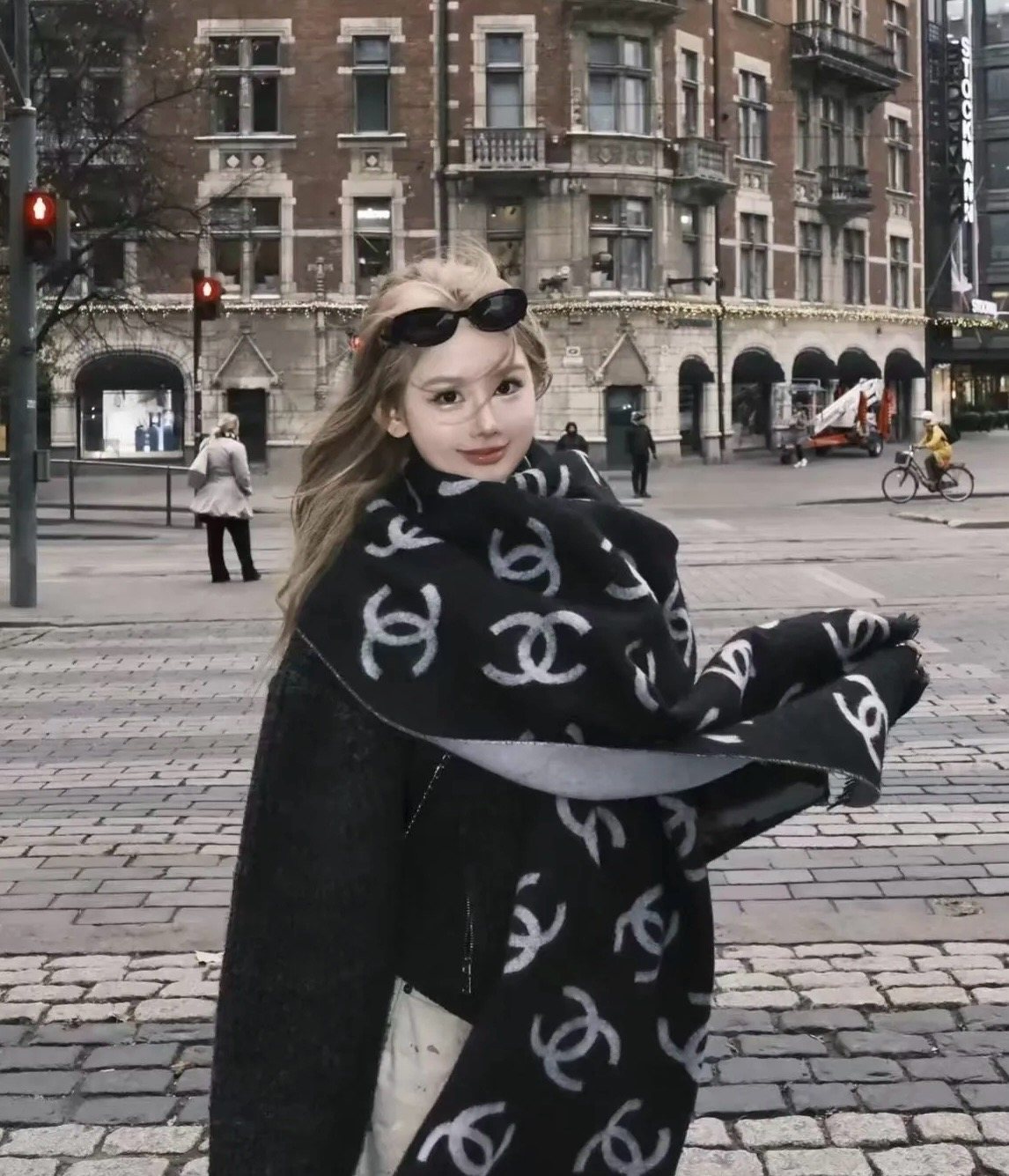 Chanel Reversible Logo Scarf Shawl — model