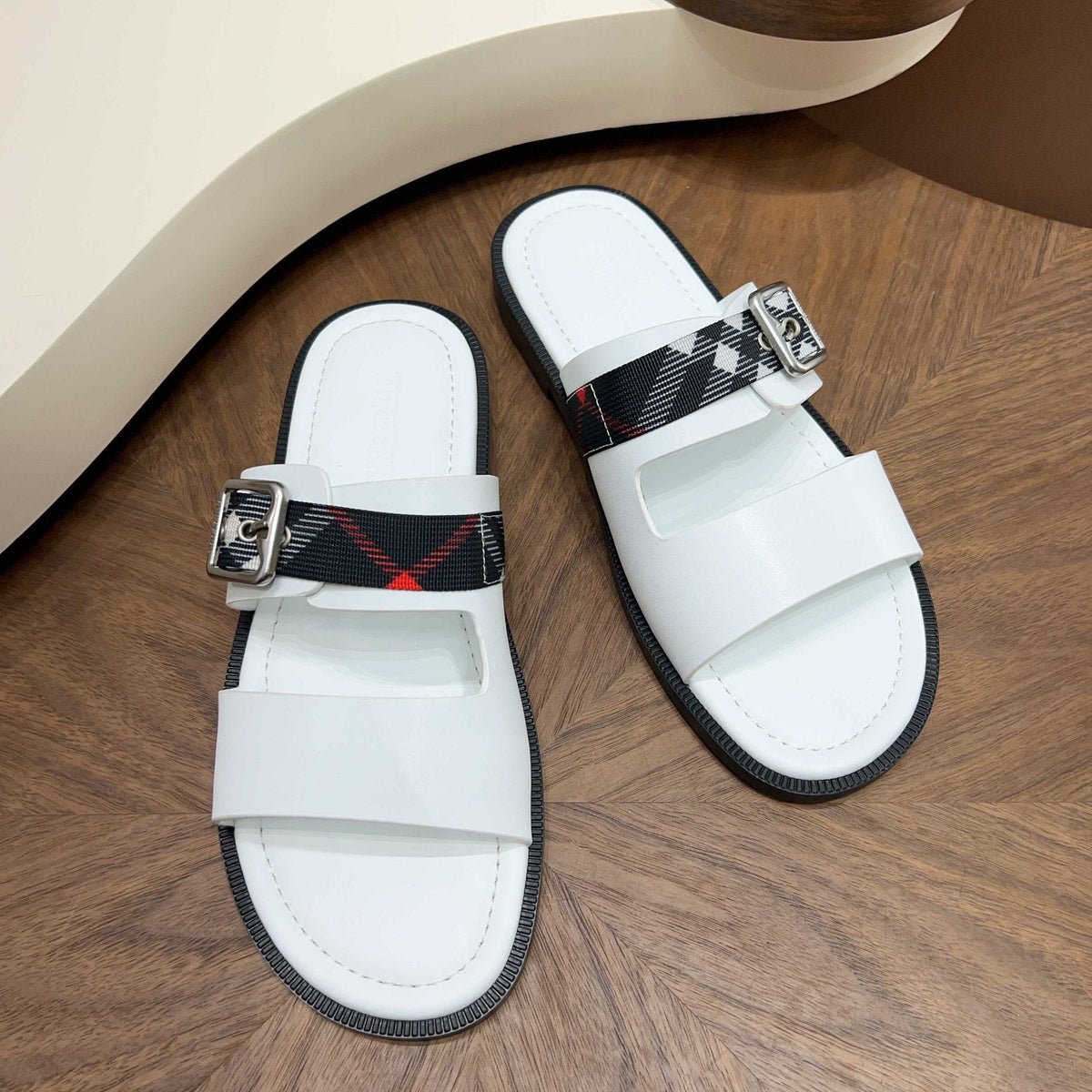 Burberry Plaid Buckle Slide Sandals — front