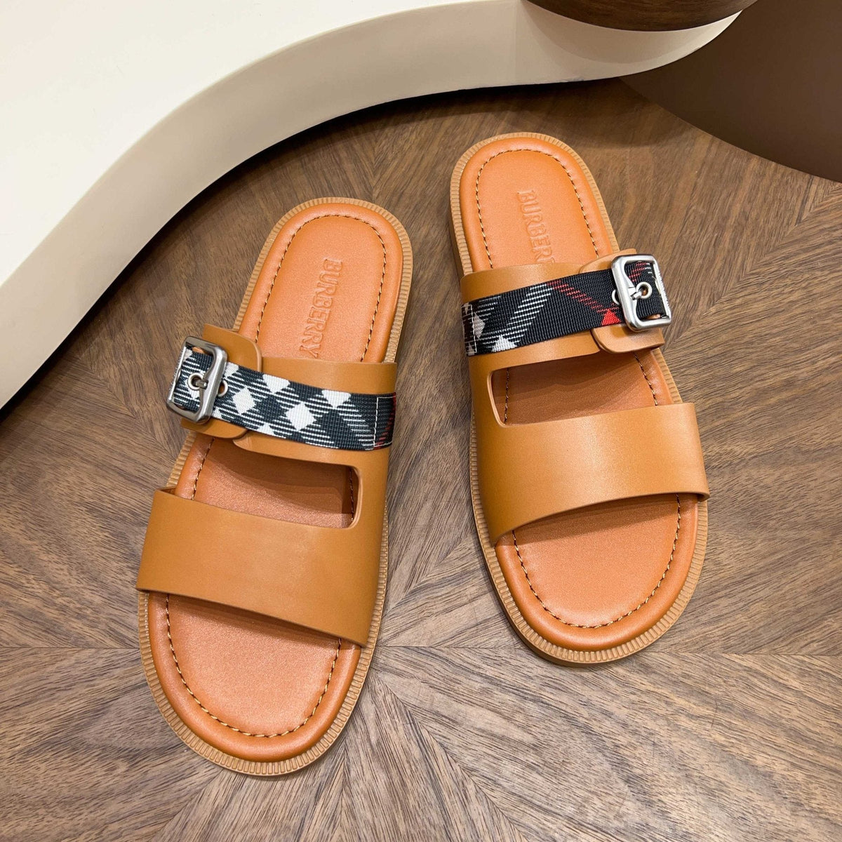 Burberry Plaid Buckle Slide Sandals — front