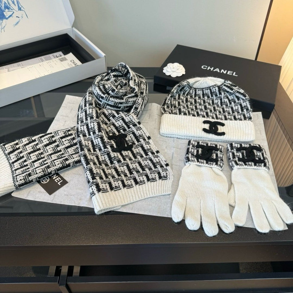 Chanel Logo Knit Hat, Scarf & Gloves Set — front