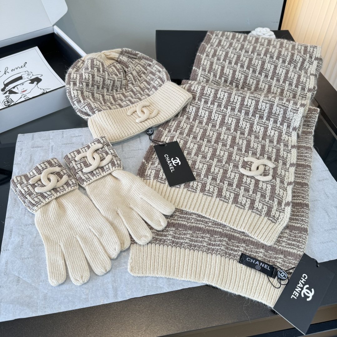 Chanel Logo Knit Hat, Scarf & Gloves Set — front