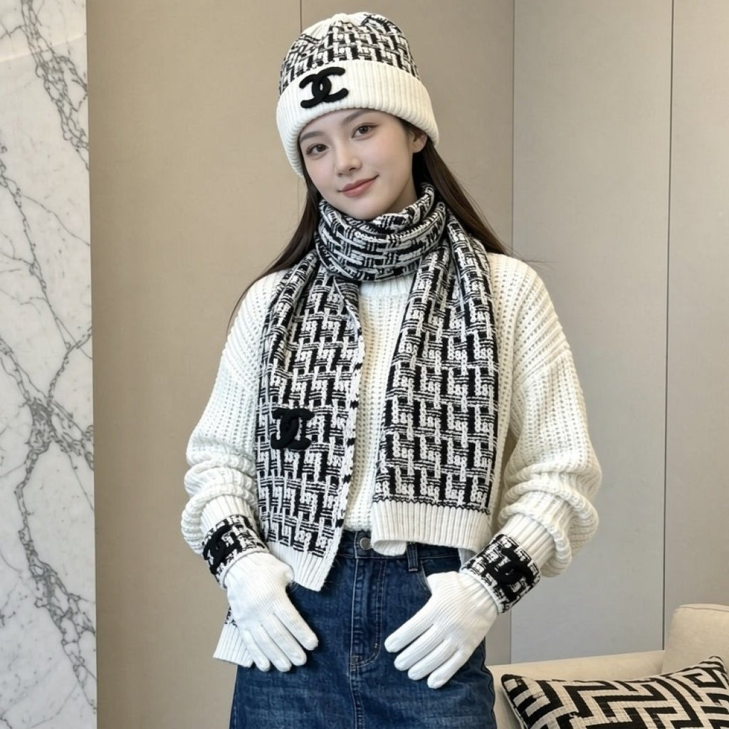 Chanel Logo Knit Hat, Scarf & Gloves Set — model