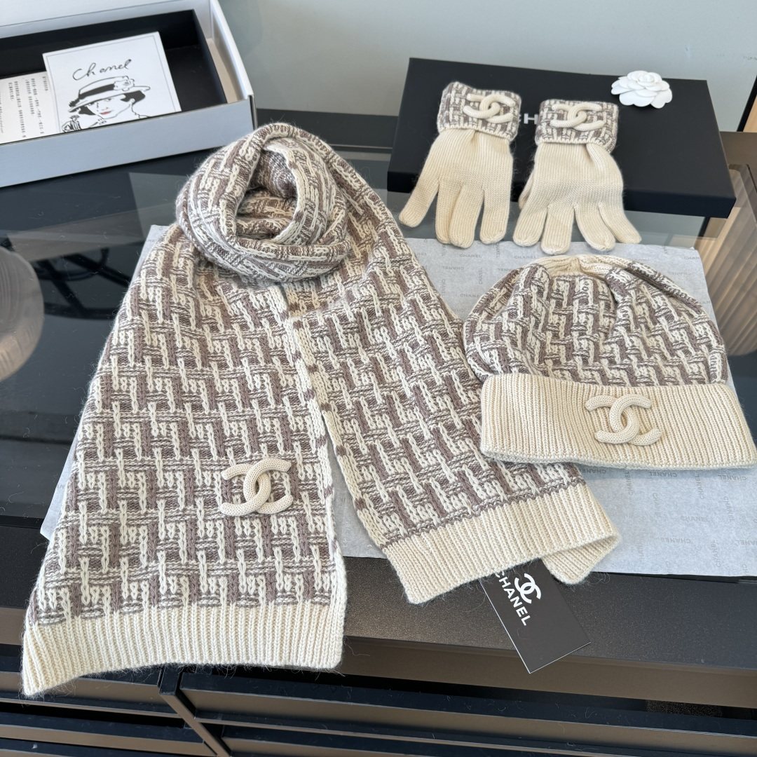 Chanel Logo Knit Hat, Scarf & Gloves Set — front