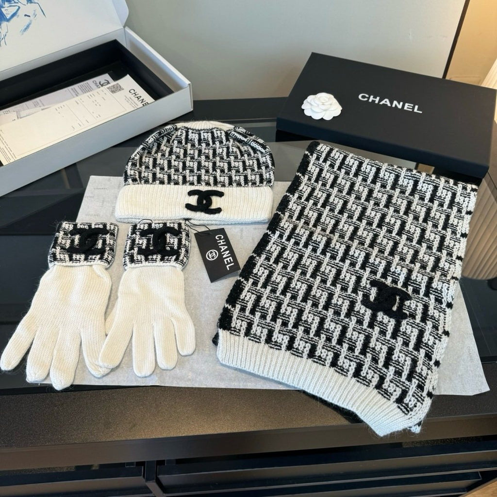 Chanel Logo Knit Hat, Scarf & Gloves Set — front