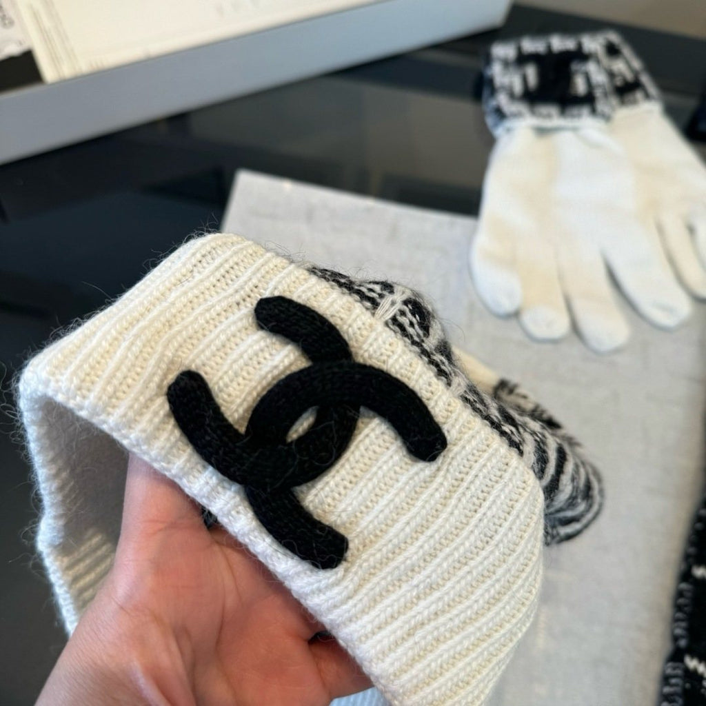 Chanel Logo Knit Hat, Scarf & Gloves Set — detail