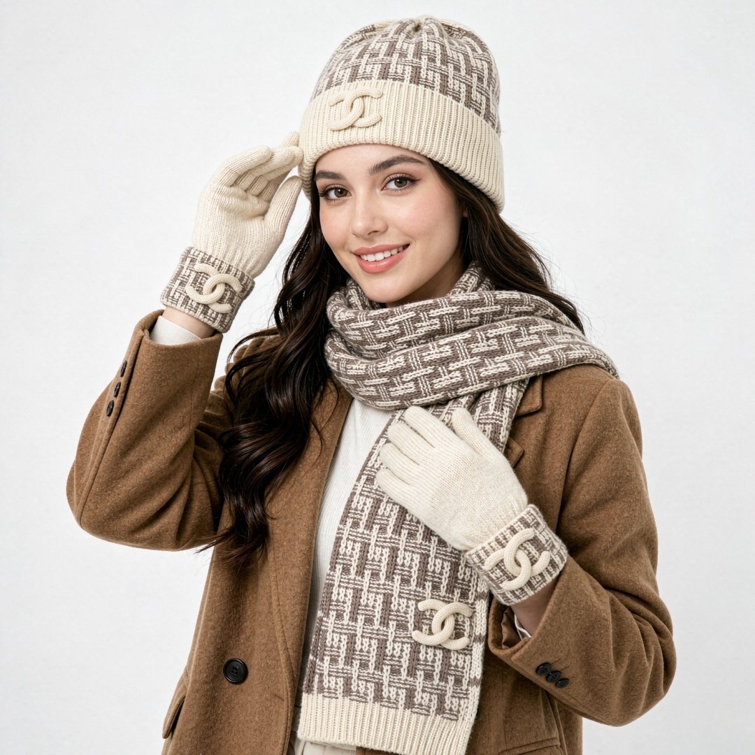 Chanel Logo Knit Hat, Scarf & Gloves Set — hero