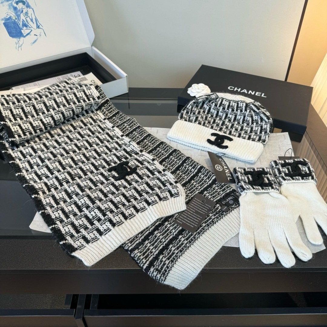 Chanel Logo Knit Hat, Scarf & Gloves Set — front