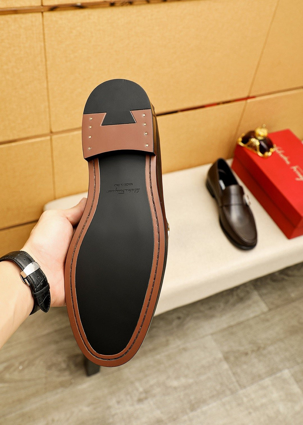 Ferragamo Leather Buckle Loafers — model