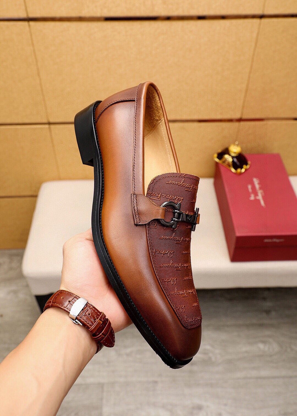 Ferragamo Textured Buckle Loafers — model