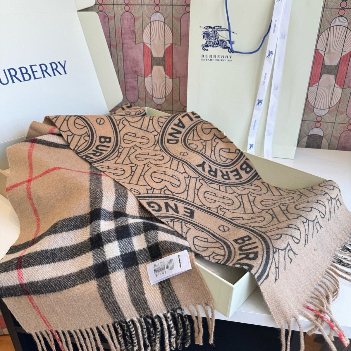 Burberry Reversible Check Monogram Scarf — detail