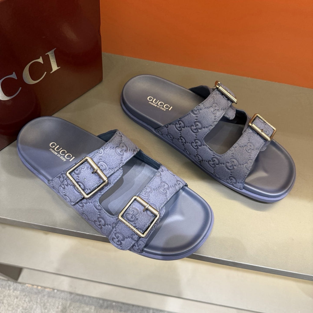 Gucci Two-Buckle Monogram Slide Sandals — front