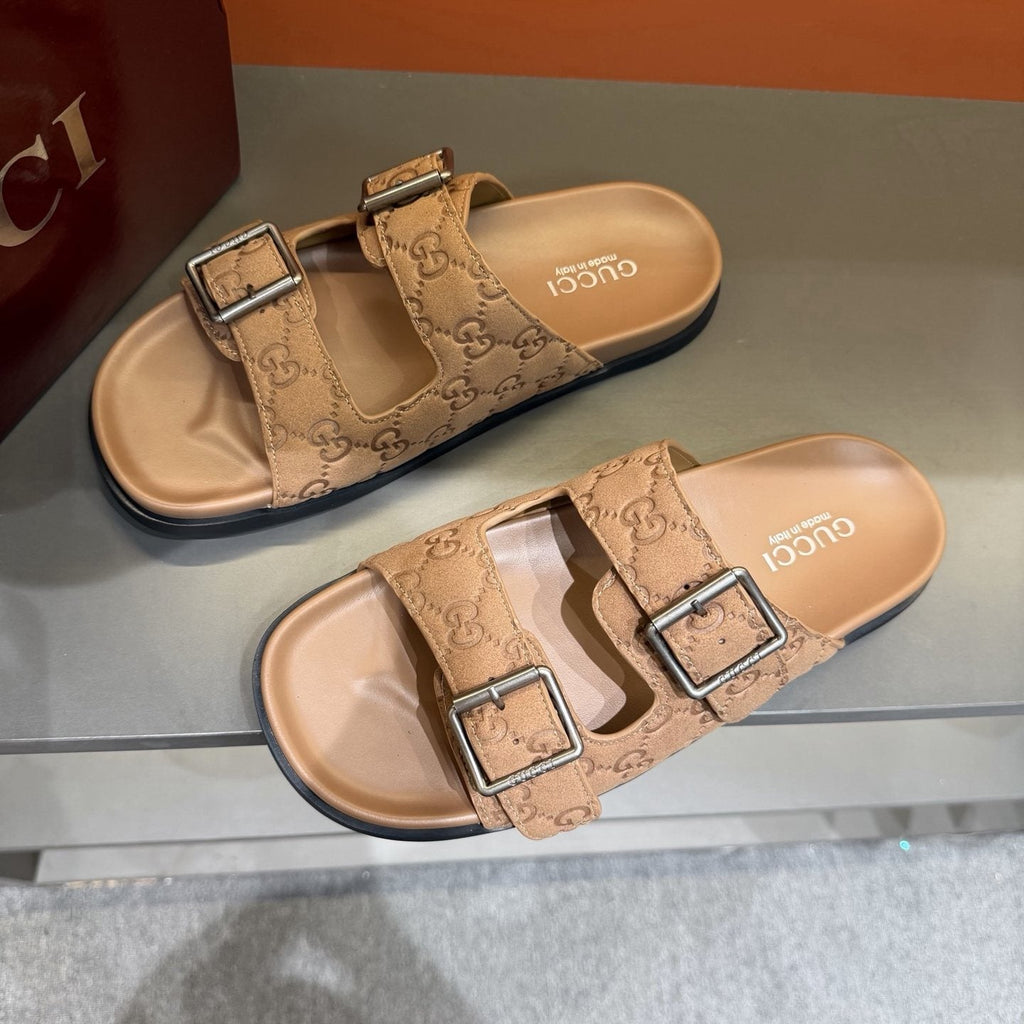 Gucci Two-Buckle Monogram Slide Sandals — front