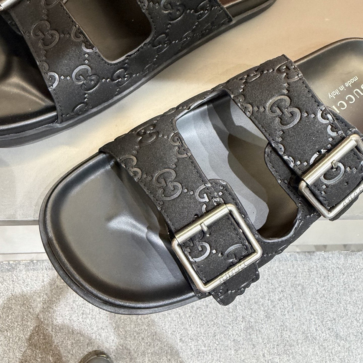 Gucci Two-Buckle Monogram Slide Sandals — front