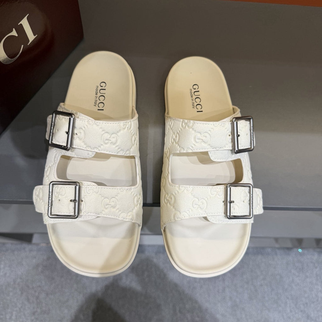 Gucci Two-Buckle Monogram Slide Sandals — hero