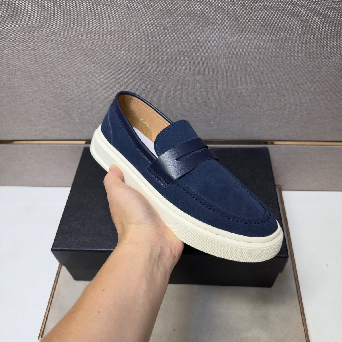 Prada Men's Penny Loafers with White Soles — model