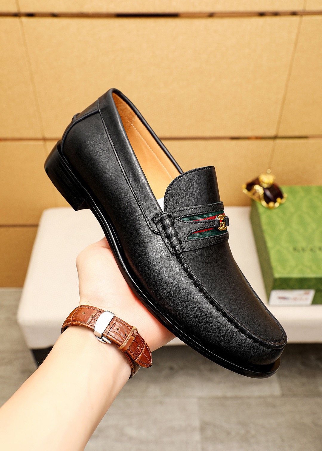 Gucci Web Stripe Leather Loafers — model