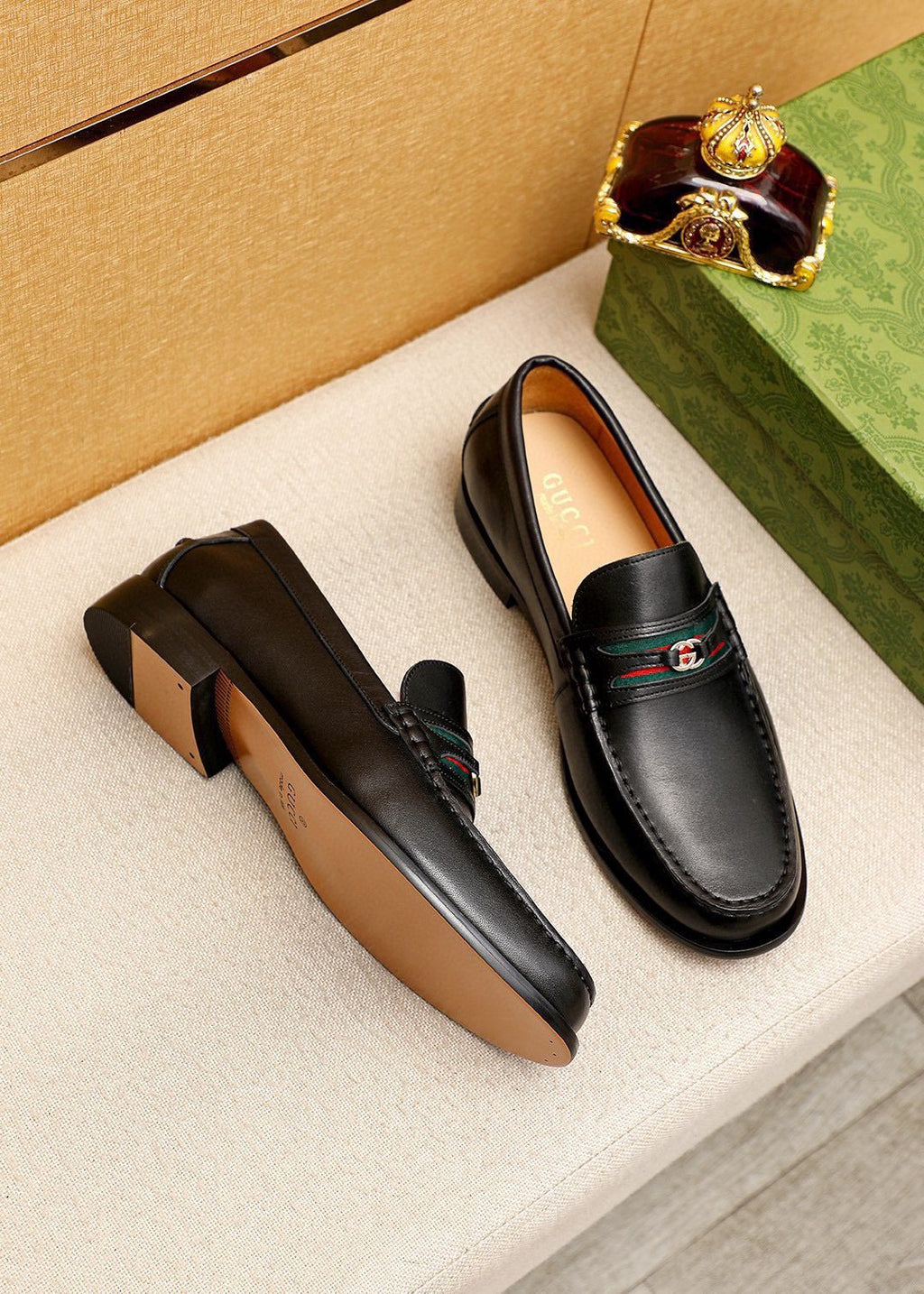 Gucci Web Stripe Leather Loafers — front