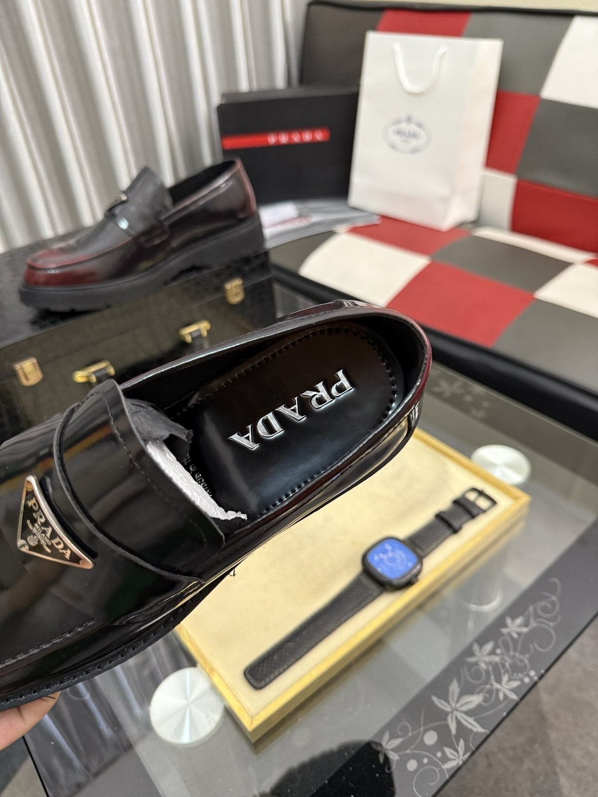 Prada Triangle Plaque Loafers — label