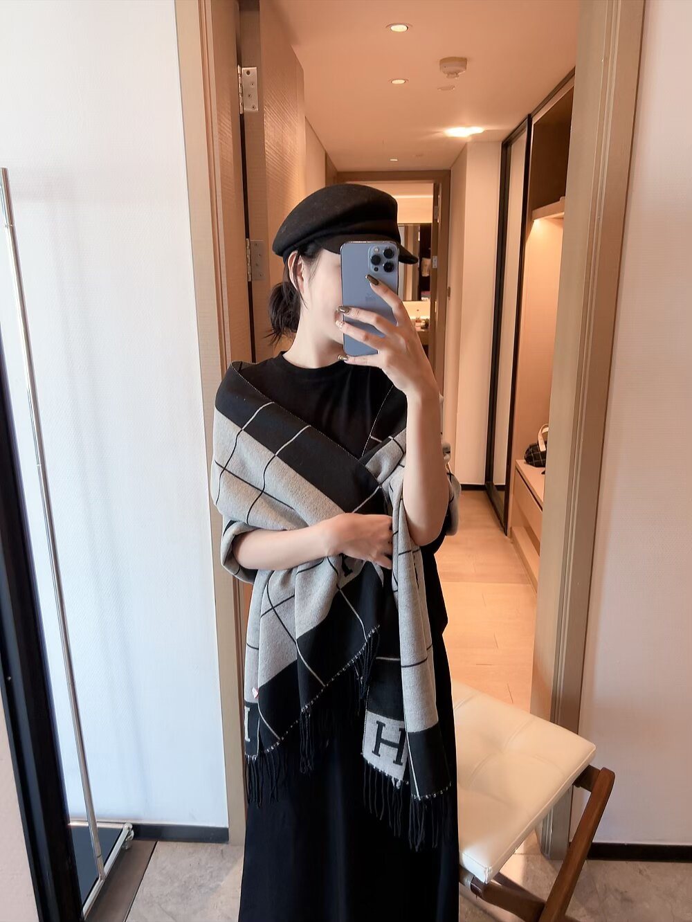 Fringed Grid Motif Scarf — model