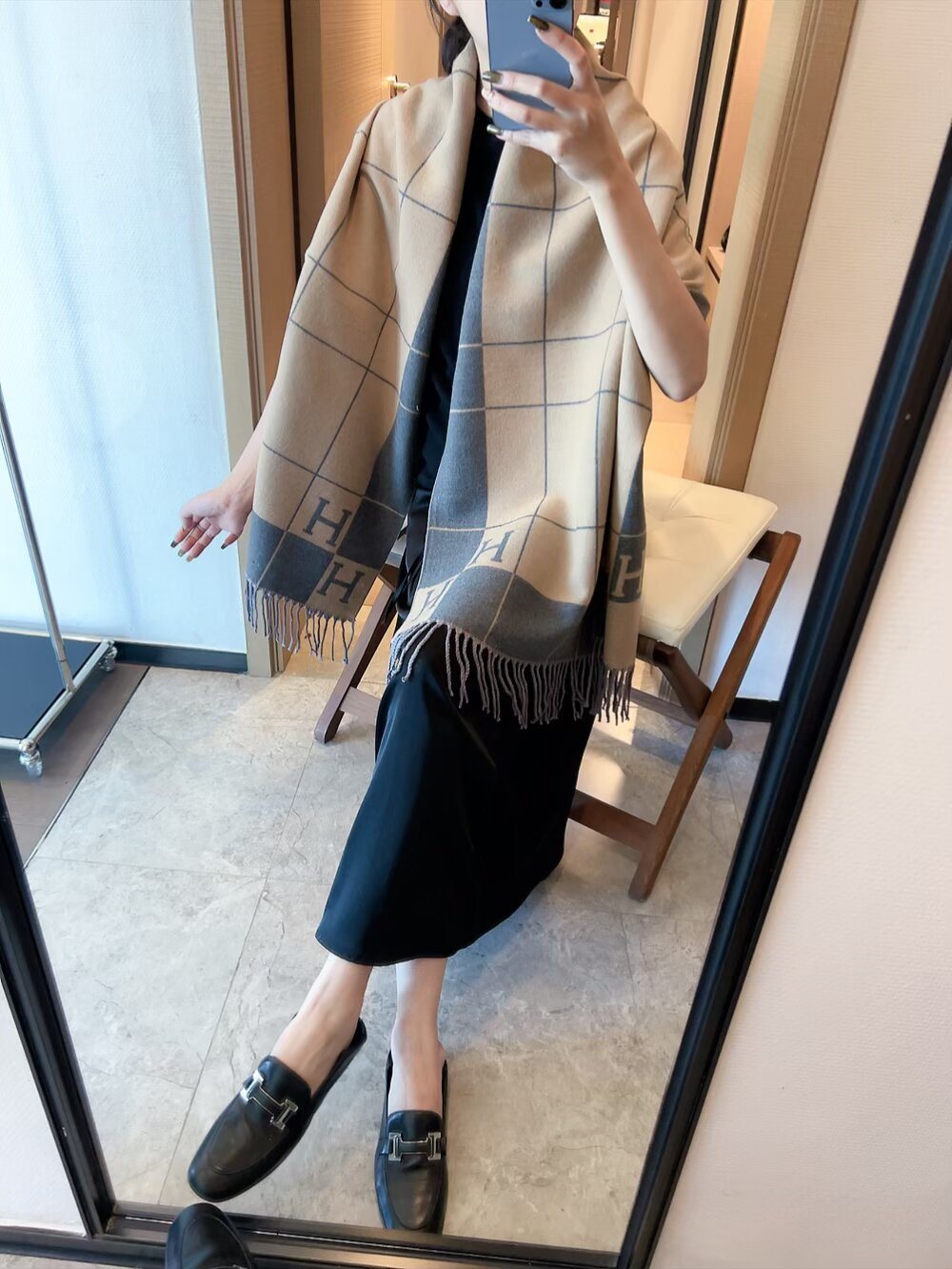 Fringed Grid Motif Scarf — model