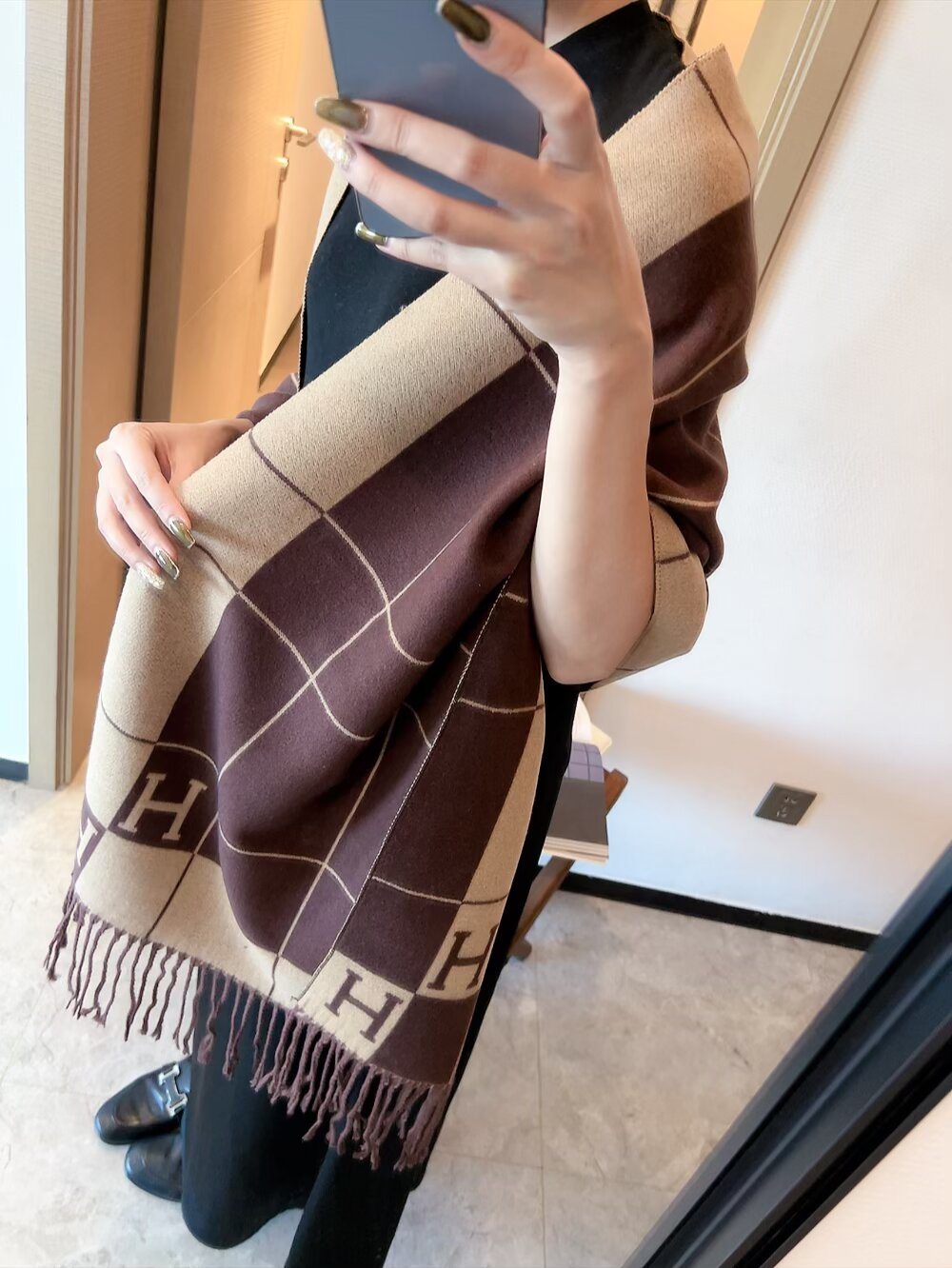 Fringed Grid Motif Scarf — model