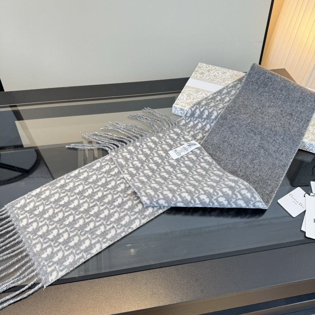 Dior Gray & Ivory Fringed Scarf — side