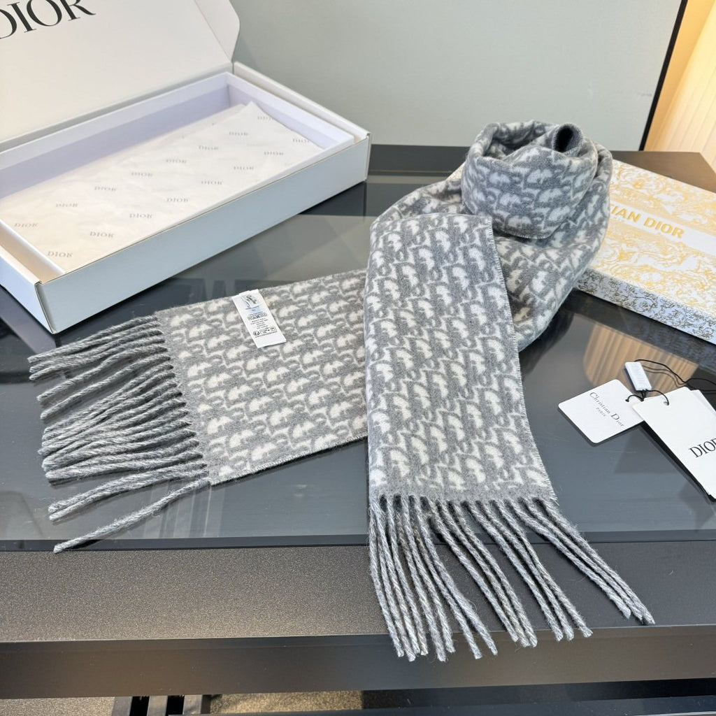 Dior Gray & Ivory Fringed Scarf — front