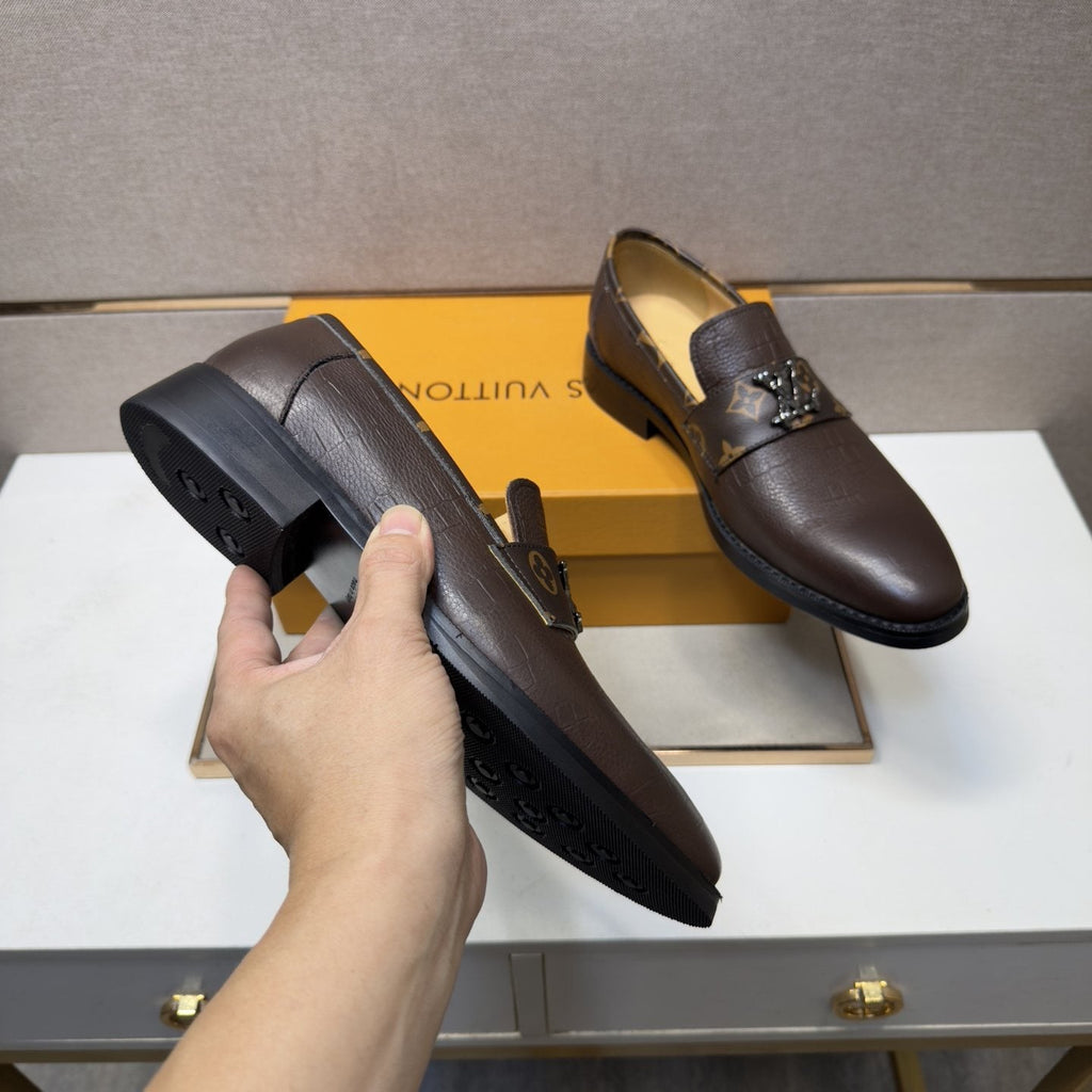 Louis Vuitton Men's Patterned-Strap Loafers — model