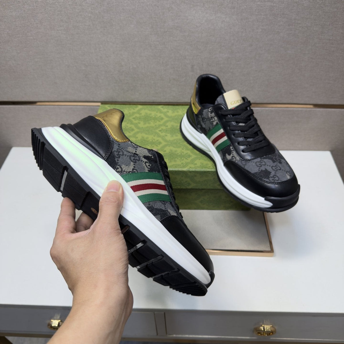 Gucci Black and Gray Stripe Sneakers — side