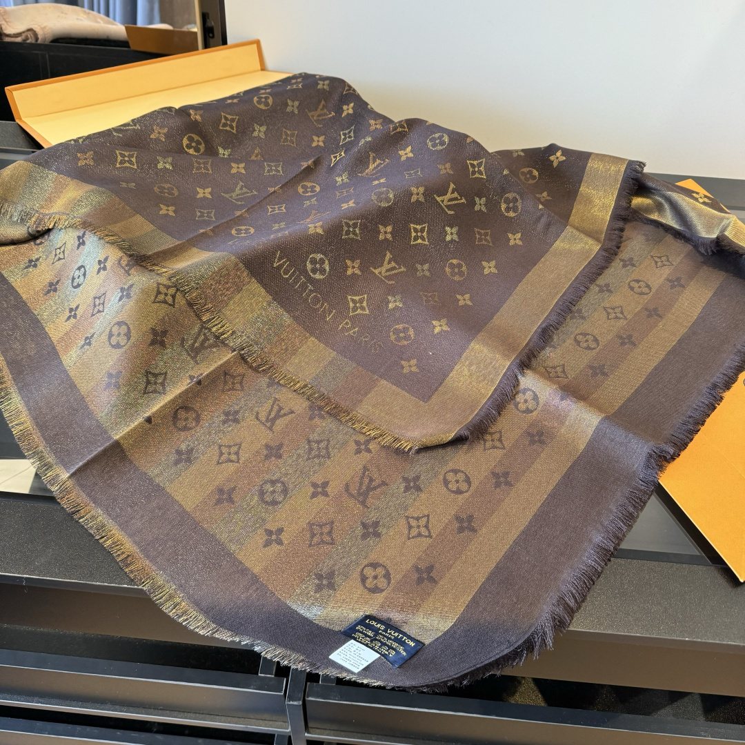 Louis Vuitton Charcoal Gold Monogram Fringed Shawl — front