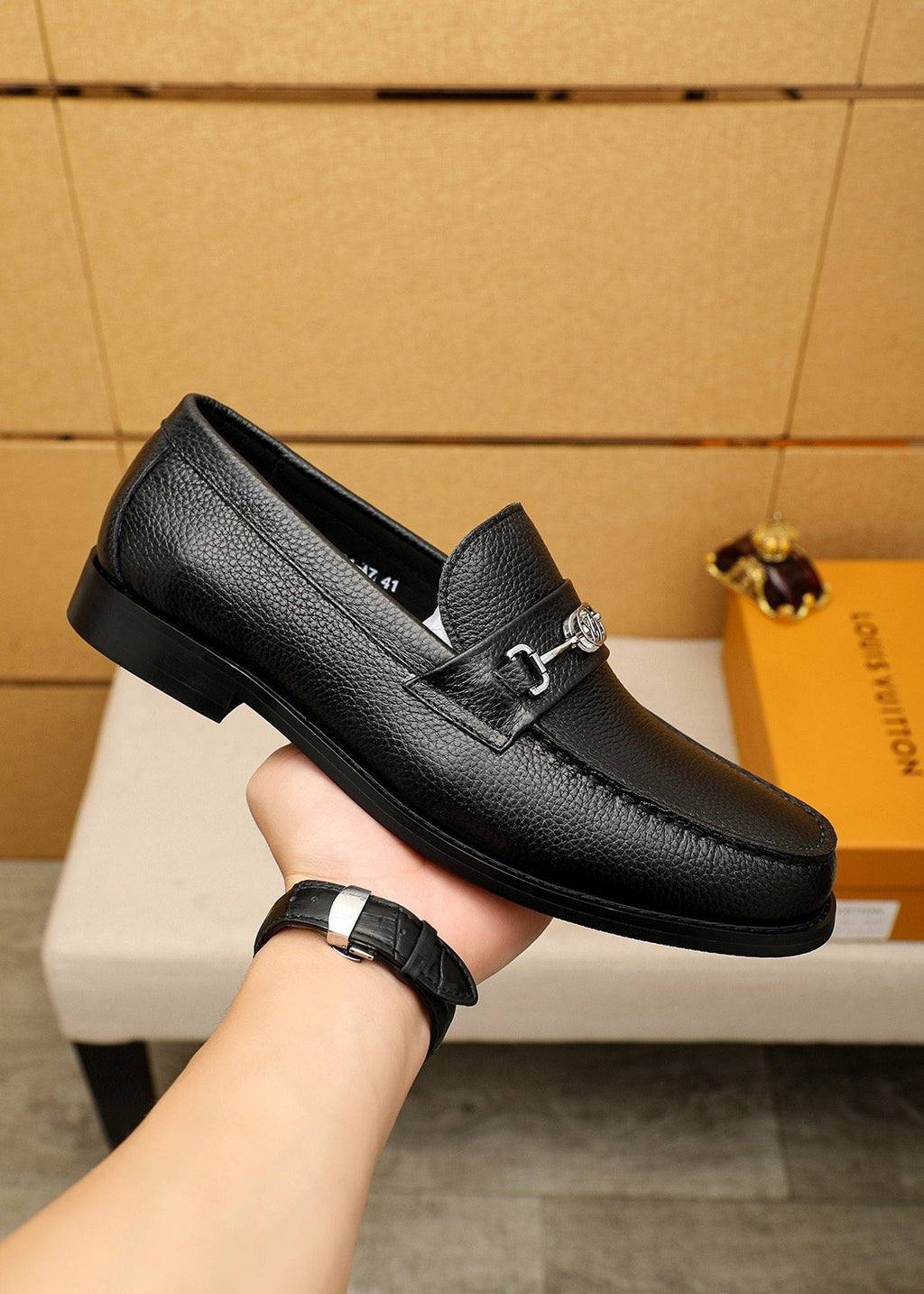 Louis Vuitton Black Leather Buckle Loafers — side
