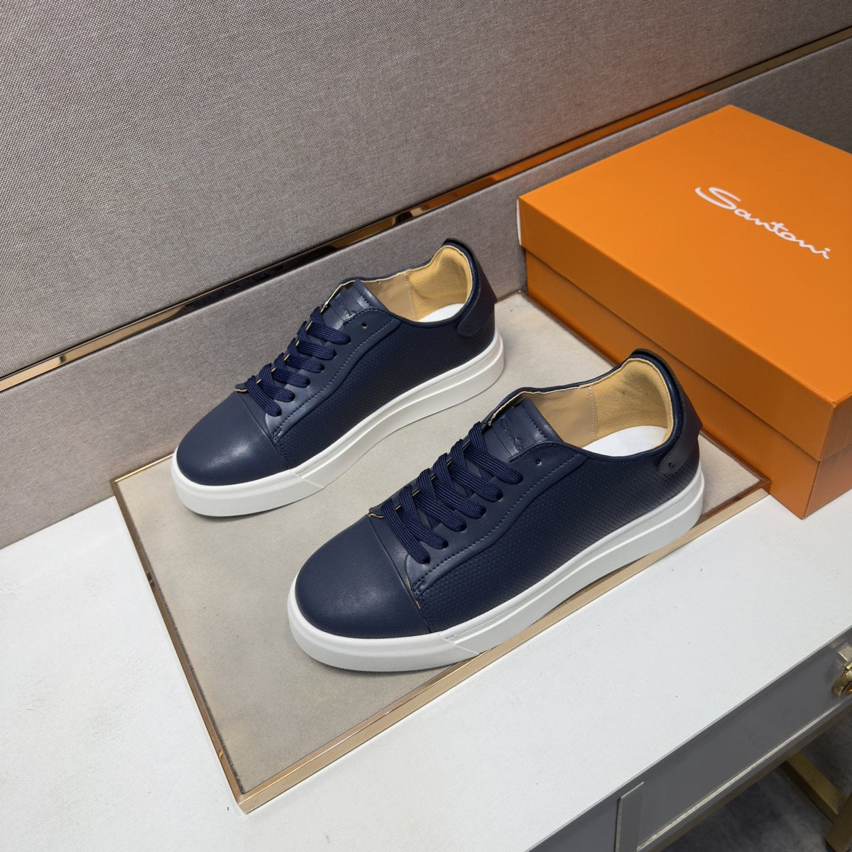Santoni Navy Blue Low-Top Sneakers — front