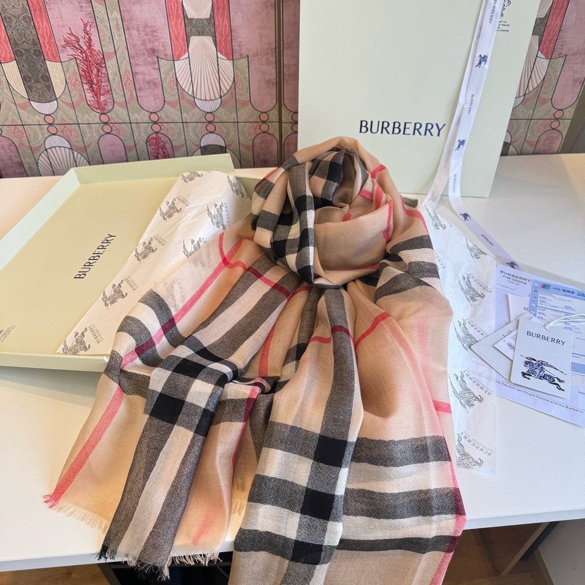 Burberry Beige Plaid Cashmere Scarf — side