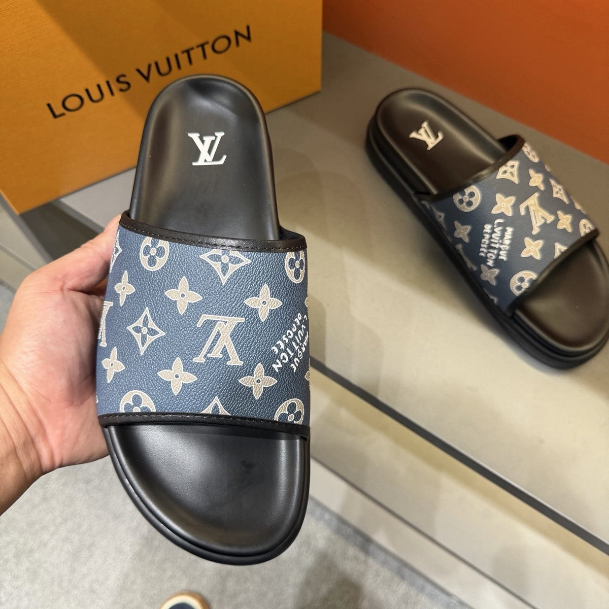 Louis Vuitton Monogram Slide Sandals — model