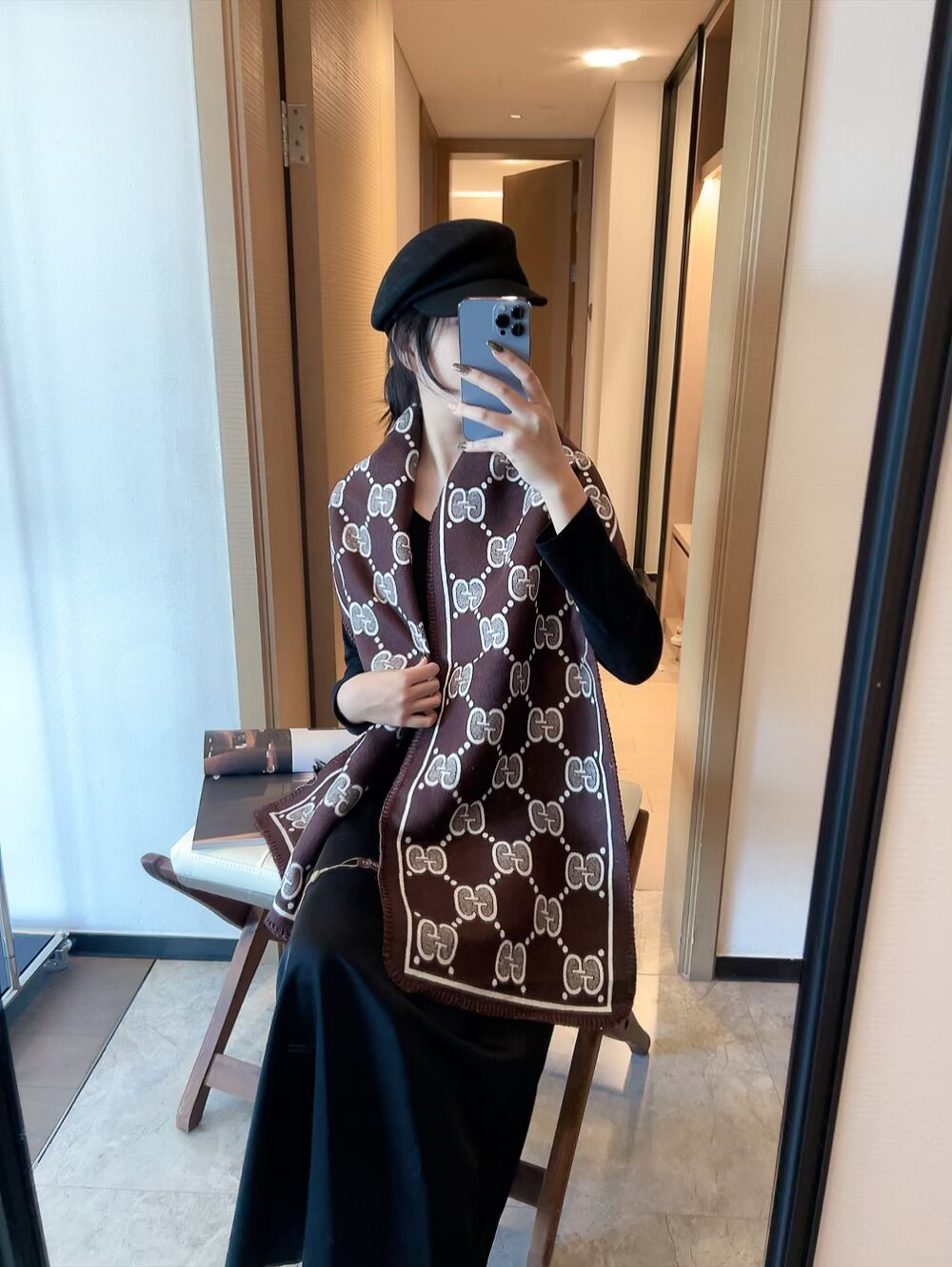 Gucci Fringed Motif Scarf — model
