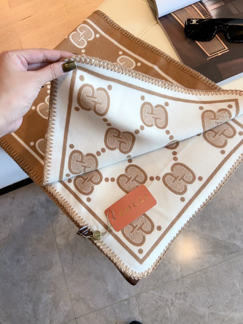 Gucci Fringed Motif Scarf — model