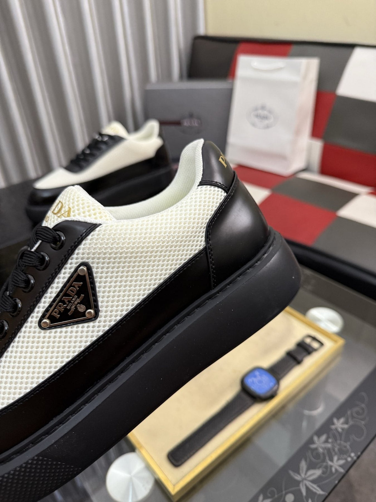 Prada Triangle Badge Low-Top Sneakers — detail