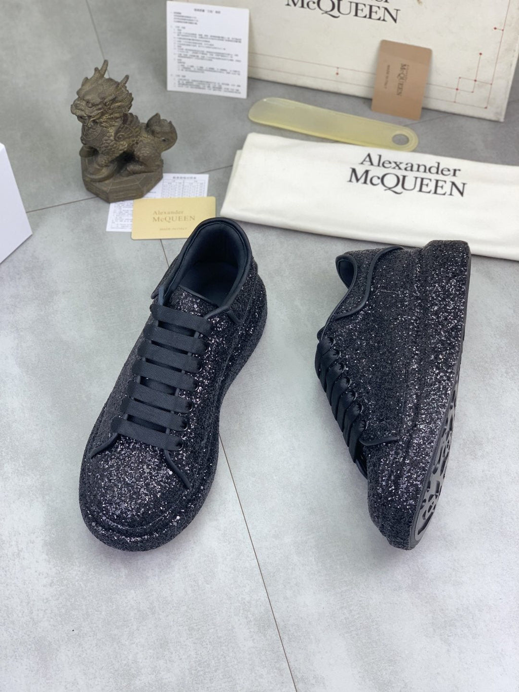Alexander McQueen Black Glitter Low-Top Sneakers — front