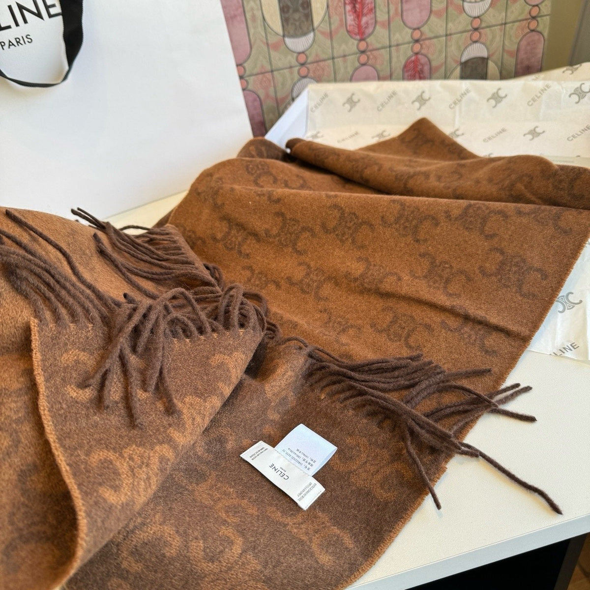 Celine Brown Patterned Fringed Scarf — side